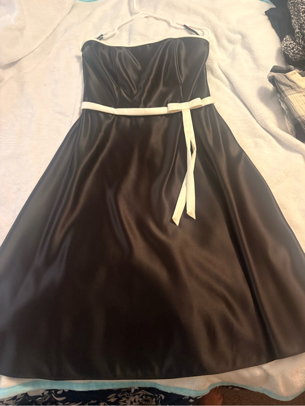 Scott McClintock Strapless Black Satin A-Line Dress with White Trim